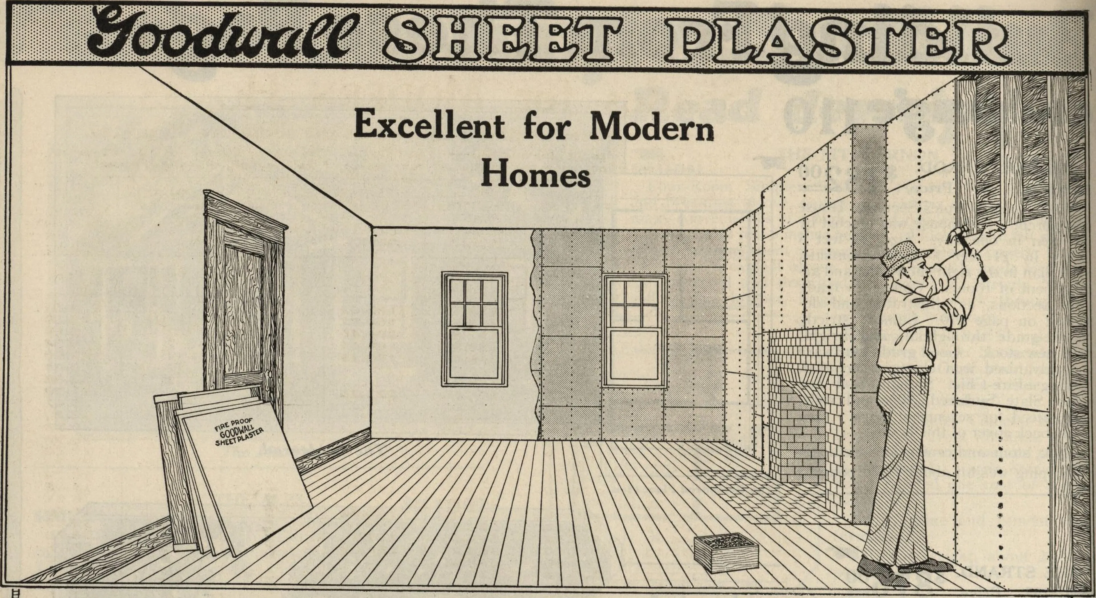 Catalog drawing of a carpenter nailing large Goodwall sheets to the wall studs of an empty room, with a stack of sheets leaning by the door, under the heading “Goodwall Sheet Plaster”