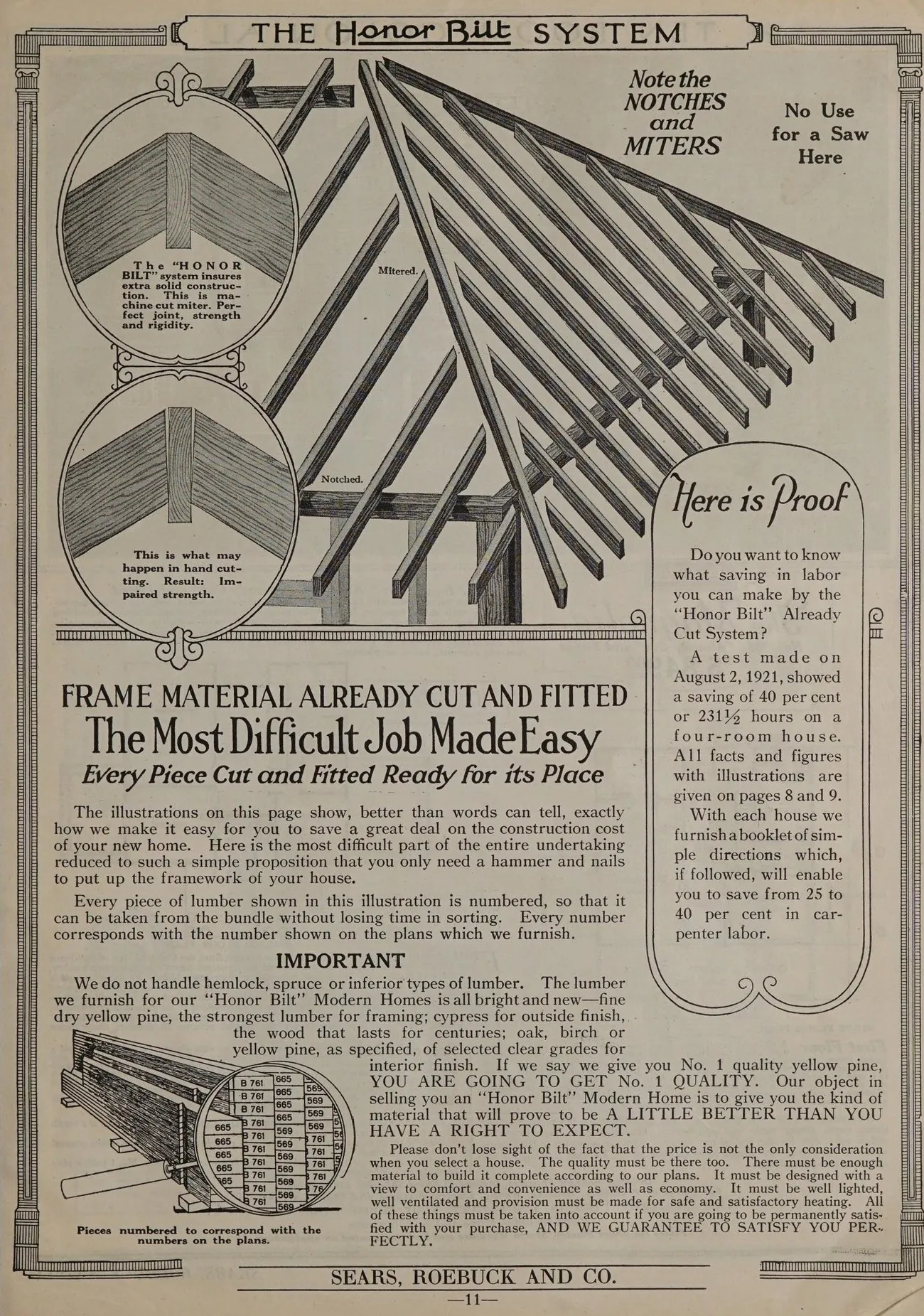 A 1922 Sears catalog page showing precut rafters and a bundle of boards marked with numbers like B 761 and 665